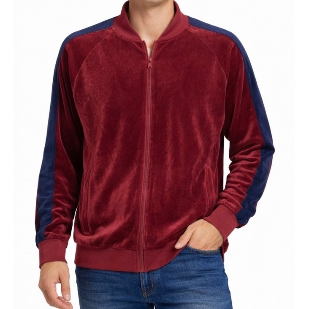 AGTAWH Men ST. Moritz Powder‎ Red Velour Bomber Jacket Full Zip  new Size L